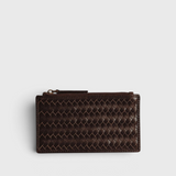 JONES + CO Odin espresso brown woven leather card case with a zip pouch and slim minimalist design.