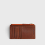JONES + CO Odin card case in sienna brown leather with seven slots and a zip pouch for essentials