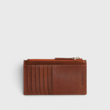 JONES + CO Odin card case in sienna brown leather with seven slots and a zip pouch for essentials