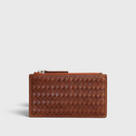 JONES + CO Odin sienna brown woven leather card case with a top zip pouch and slim minimalist design