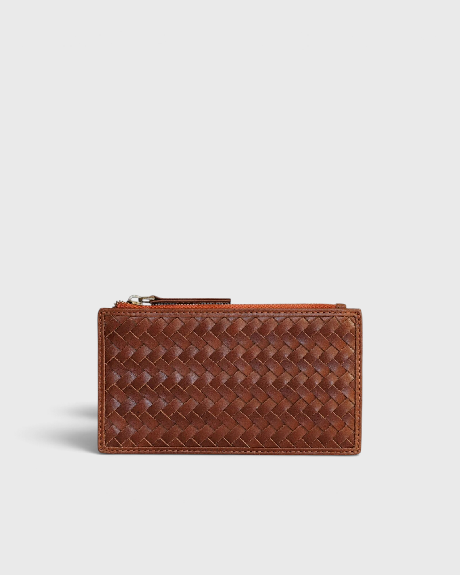 JONES + CO Odin sienna brown woven leather card case with a top zip pouch and slim minimalist design
