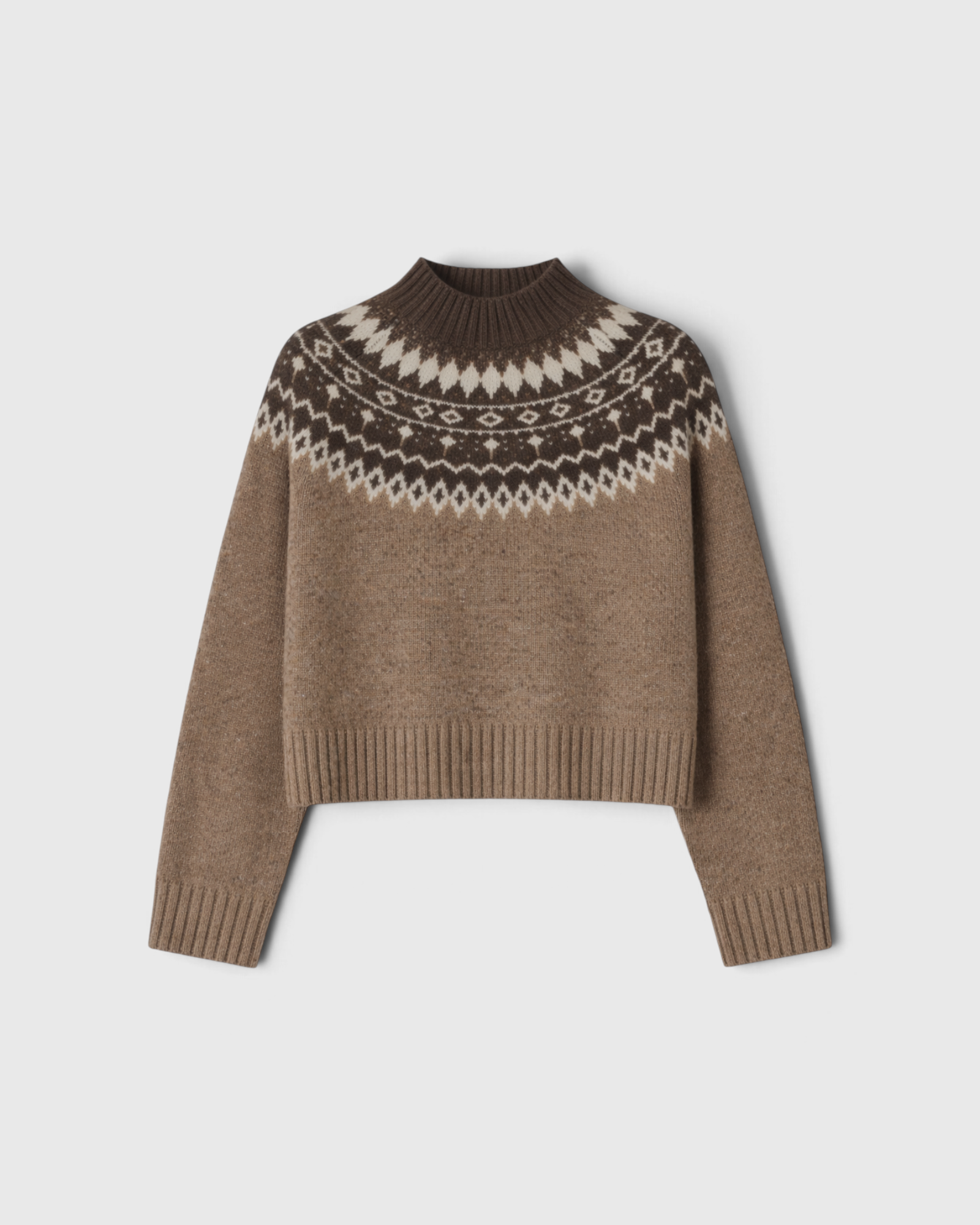 VIR VITA Bruna Fair Isle Sweater in Toasted Walnut, flat lay front view