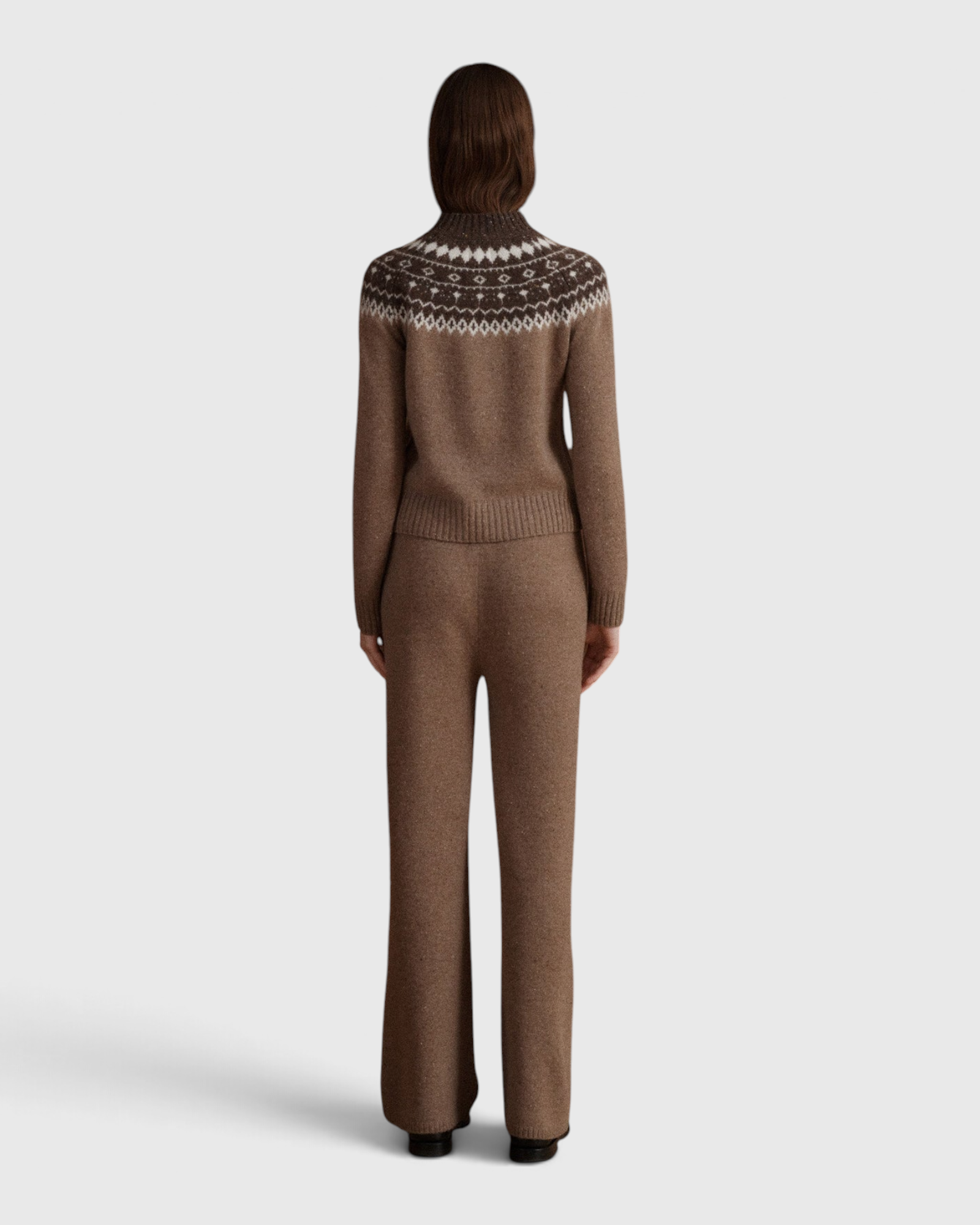 VIR VITA Bruna Fair Isle Sweater and Magda Cashmere Pant in Toasted Walnut, back view