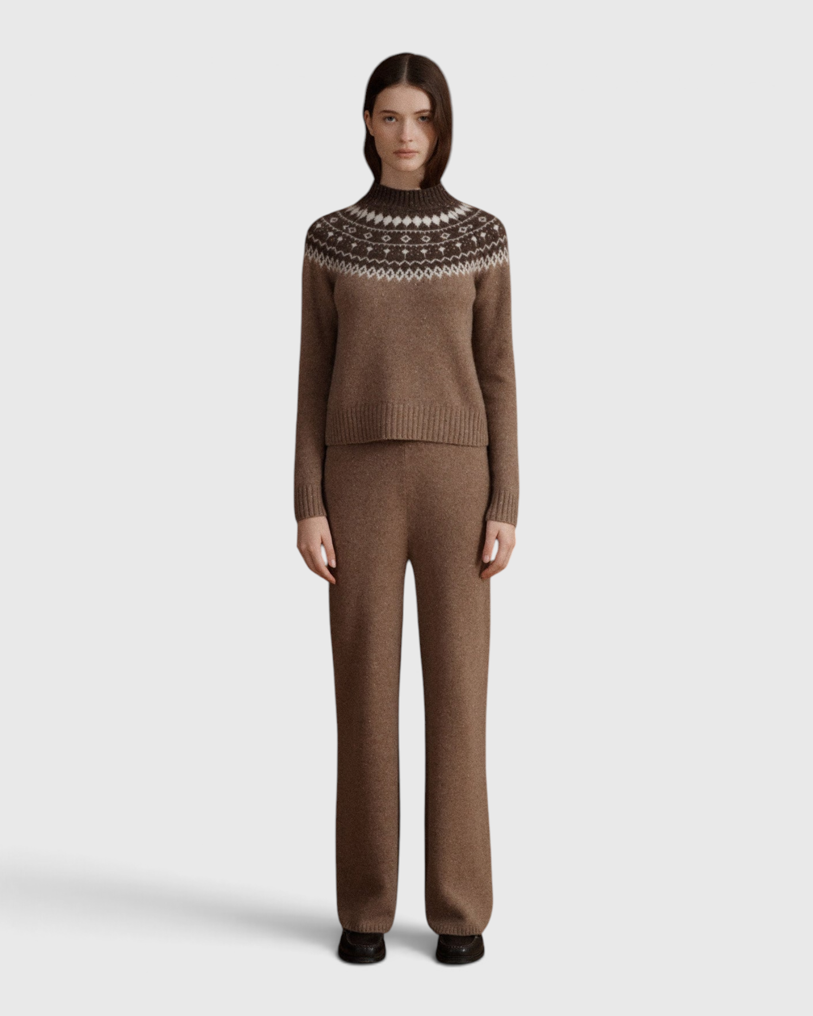 VIR VITA Bruna Fair Isle Sweater and Magda Cashmere Pant in Toasted Walnut, full-length front view