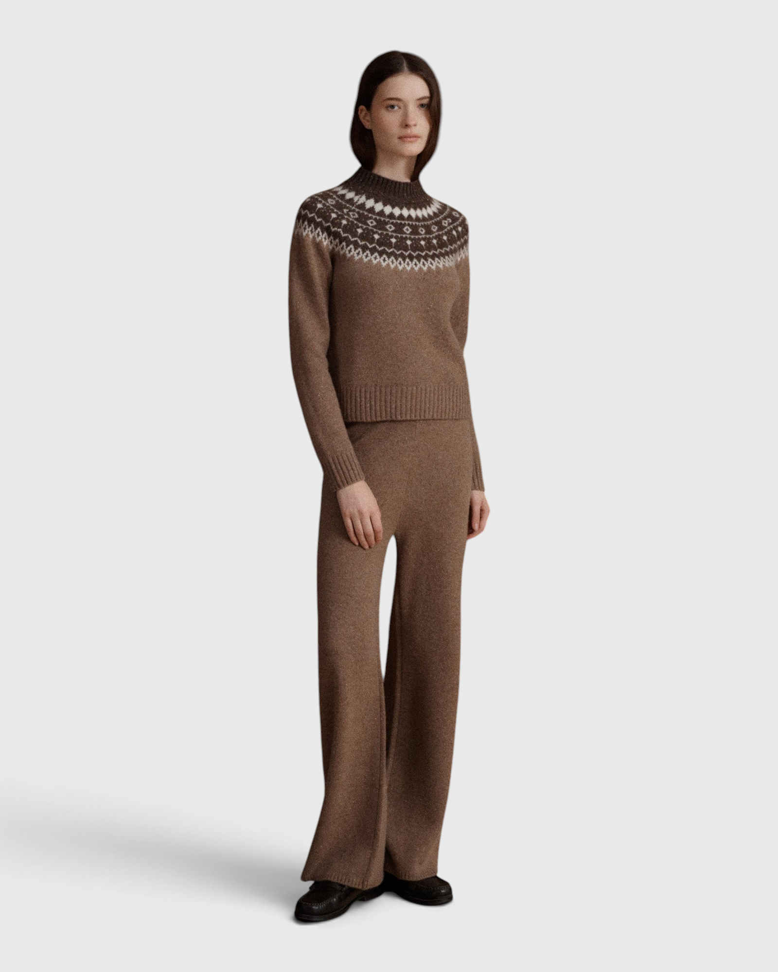 VIR VITA Magda Cashmere Pant in Toasted Walnut on model, full-length front view with the matching Bruna Fair Isle Sweater
