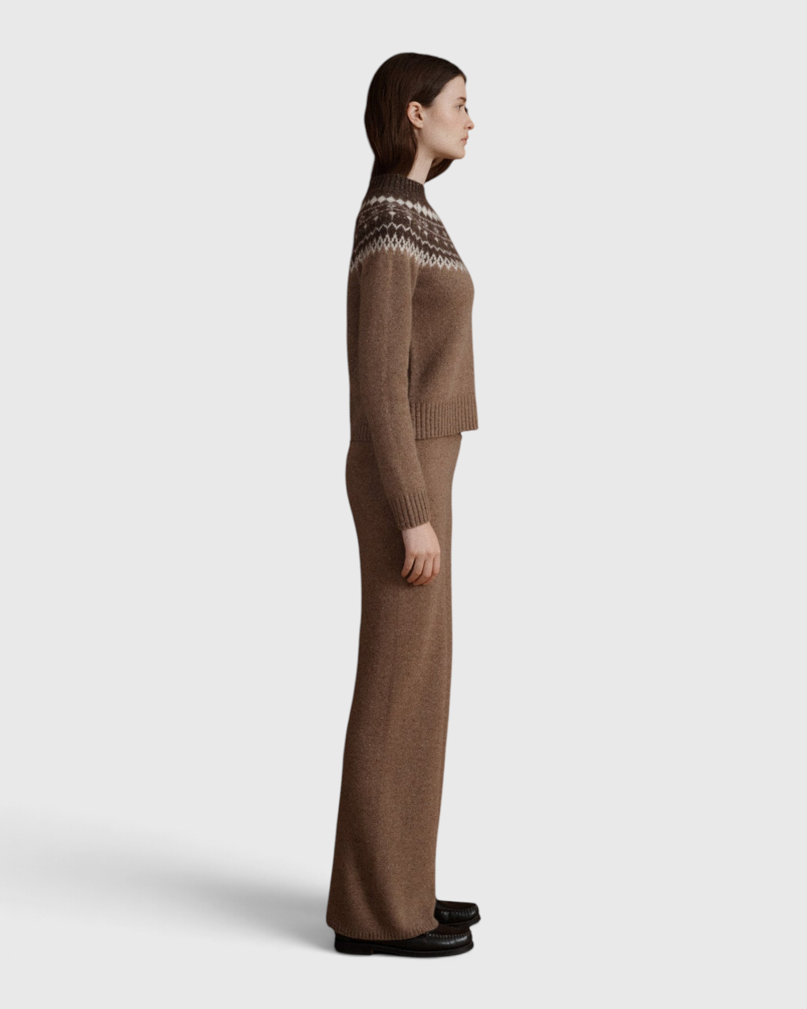 VIR VITA Bruna Fair Isle Sweater and Magda Cashmere Pant in Toasted Walnut, side view