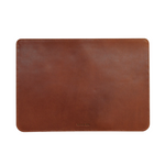 Brown leather laptop sleeve on a white background