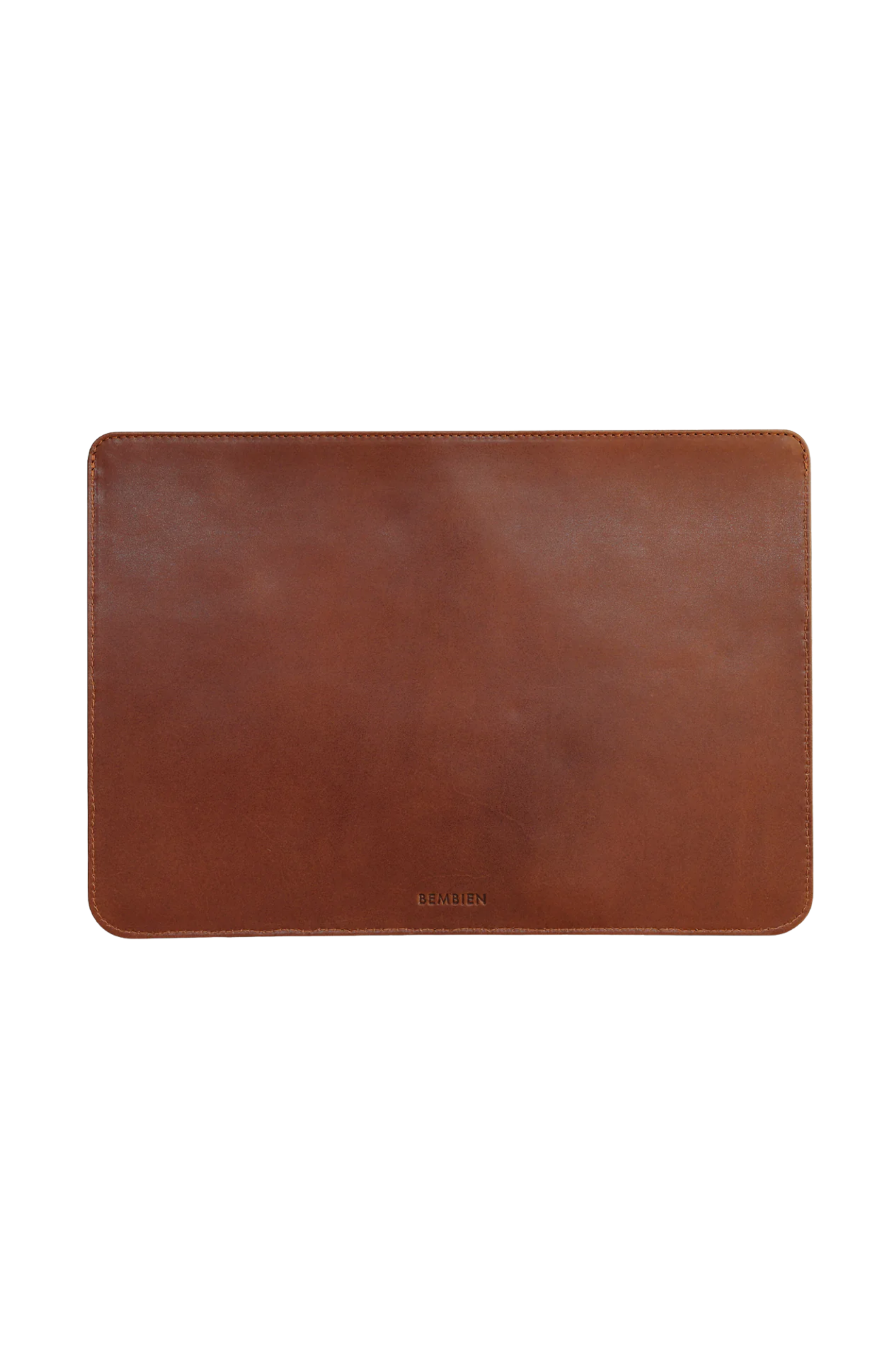 Brown leather laptop sleeve on a white background