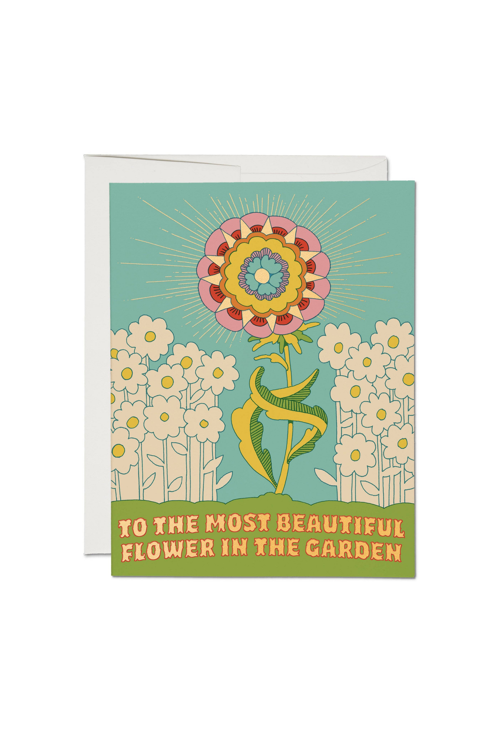 Greeting card with a stylized flower design and text on a white background