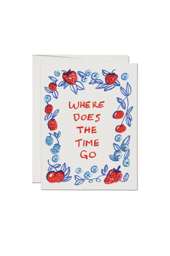 Greeting card with decorative border and text 'WHERE DOES THE TIME GO' on a white background