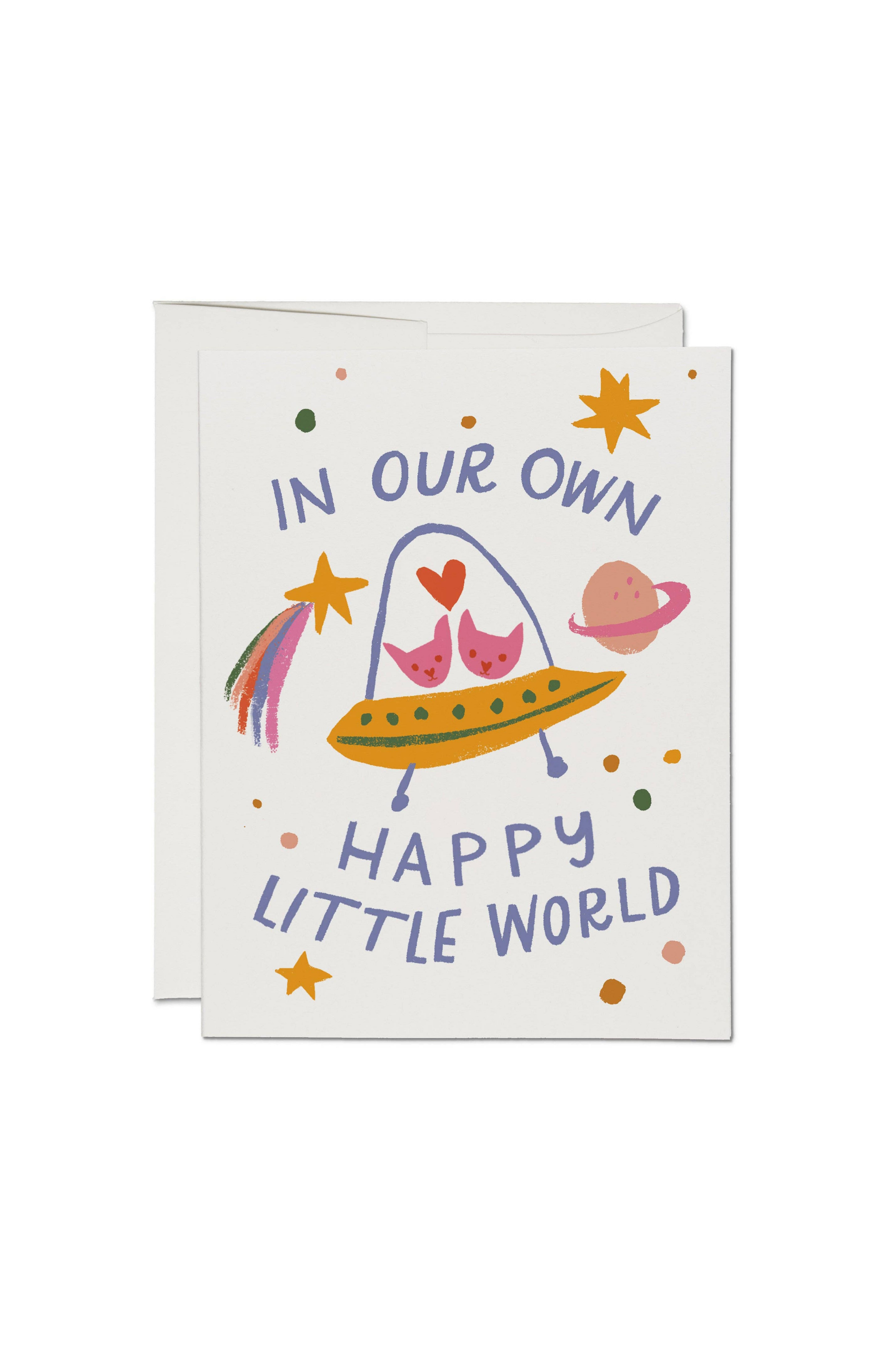 Greeting card with colorful illustration of a baby in a stroller, planet, and rainbow with text 'In our own happy little world' on a white background.