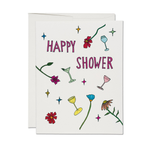 Greeting card with 'Happy Shower' text and floral and cocktail illustrations on a white background