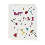 Greeting card with 'Happy Shower' text and floral and cocktail illustrations on a white background