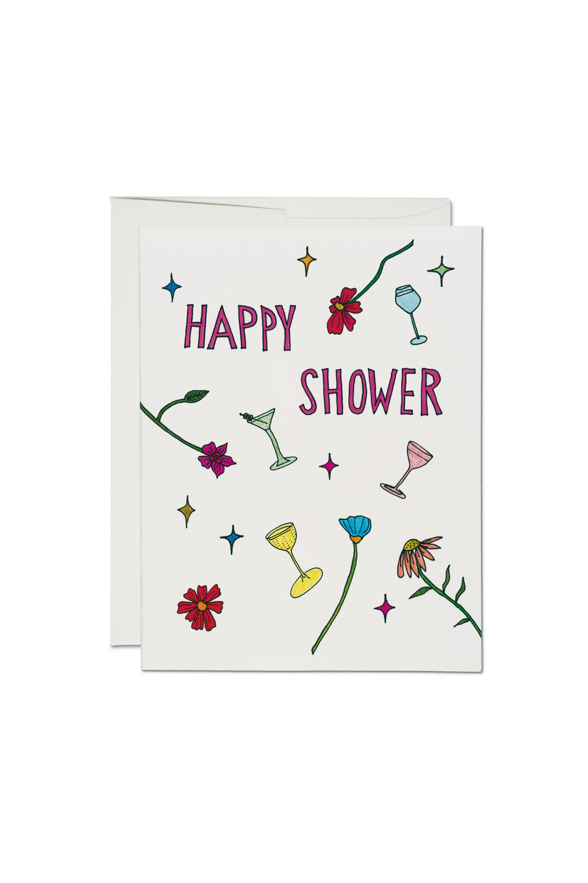 Greeting card with 'Happy Shower' text and floral and cocktail illustrations on a white background