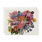 Card with colorful floral design and 'Happy Wedding' text on a white background
