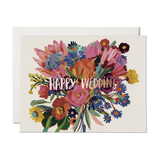 Card with colorful floral design and 'Happy Wedding' text on a white background