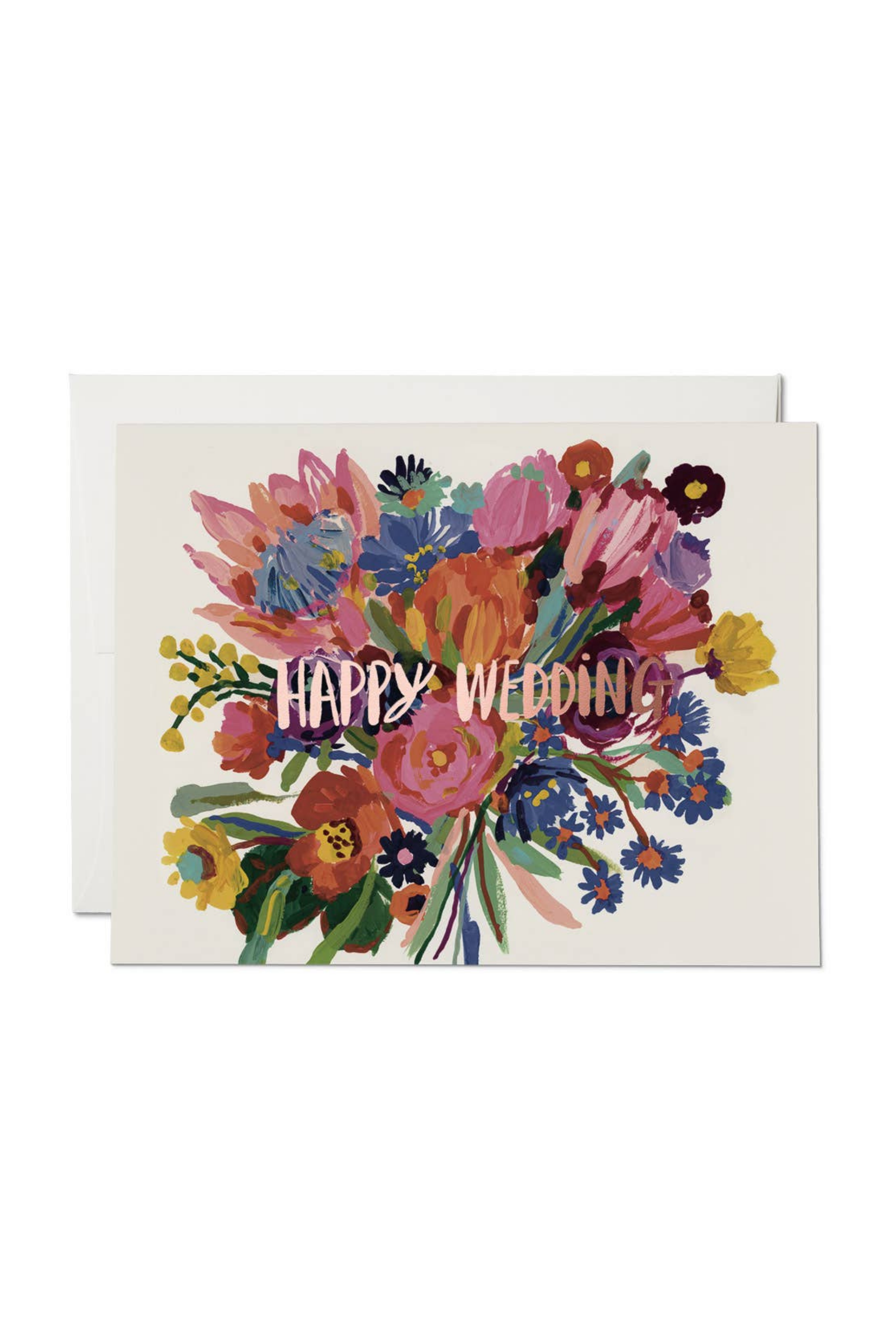 Card with colorful floral design and 'Happy Wedding' text on a white background