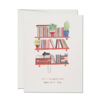 Greeting card with a bookshelf illustration and text on a white background