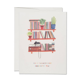 Greeting card with a bookshelf illustration and text on a white background