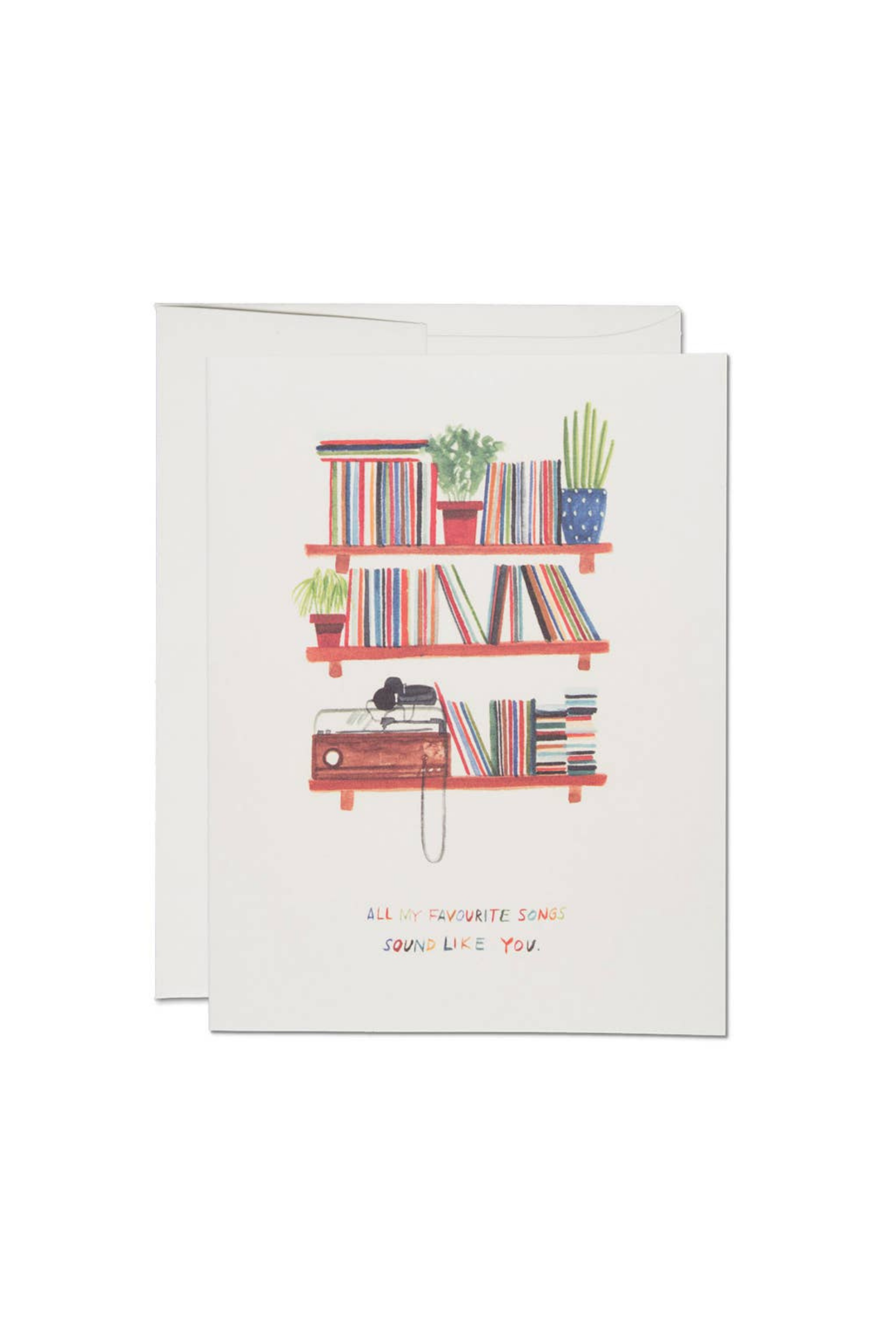 Greeting card with a bookshelf illustration and text on a white background