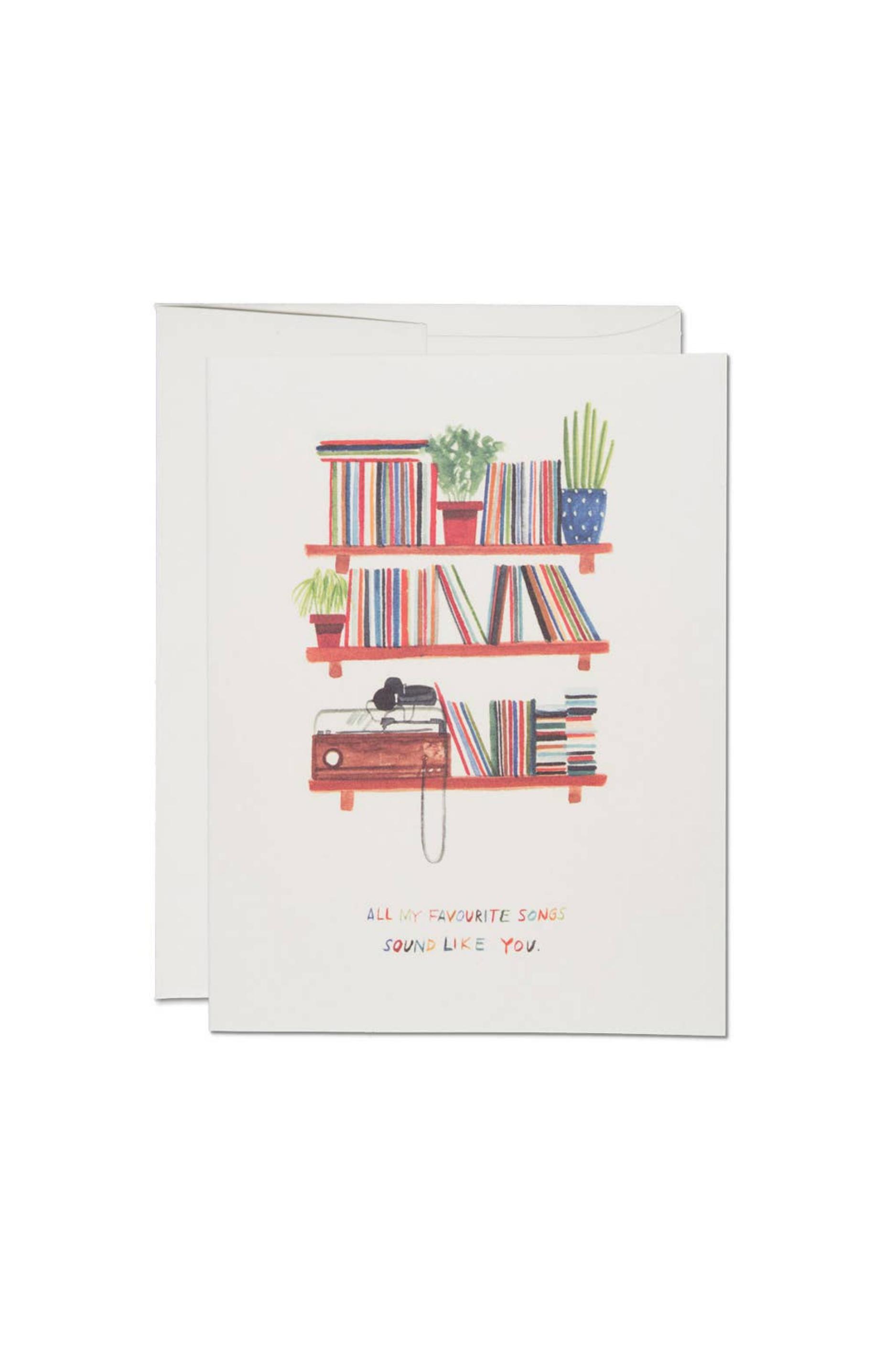 Greeting card with a bookshelf illustration and text on a white background
