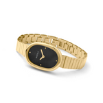 Gold watch with black face on a white background