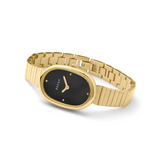 Gold watch with black face on a white background