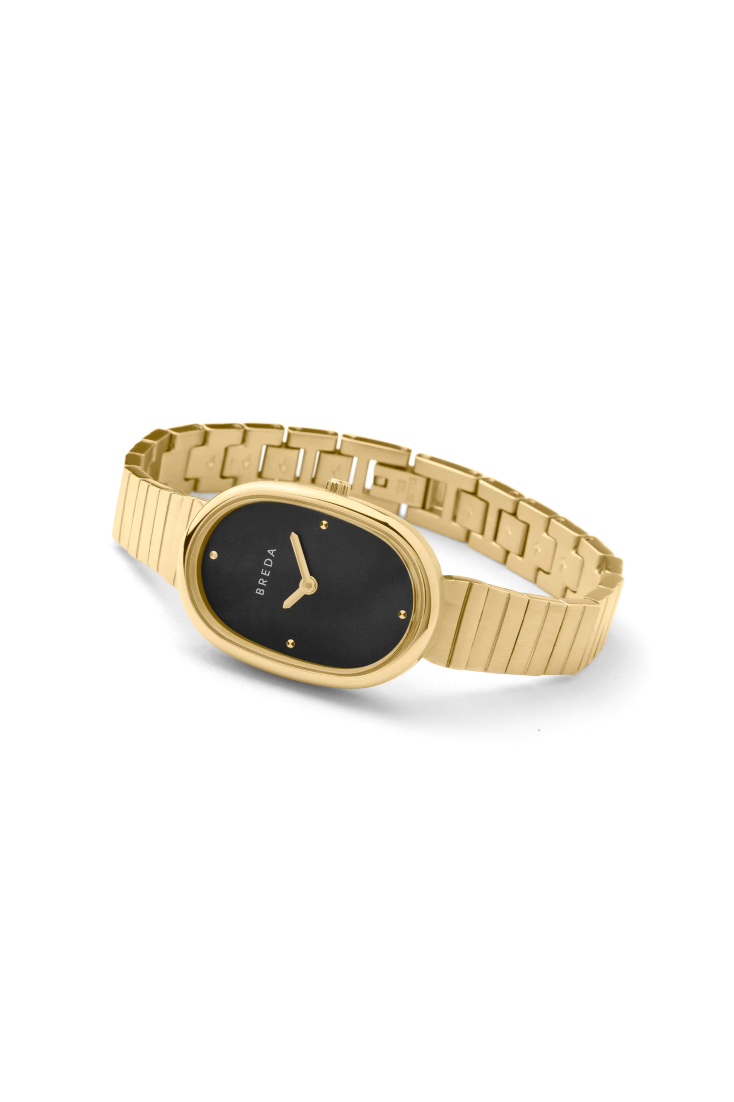 Gold watch with black face on a white background
