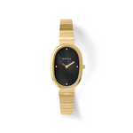 Gold watch with black face on a white background