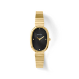 Gold watch with black face on a white background