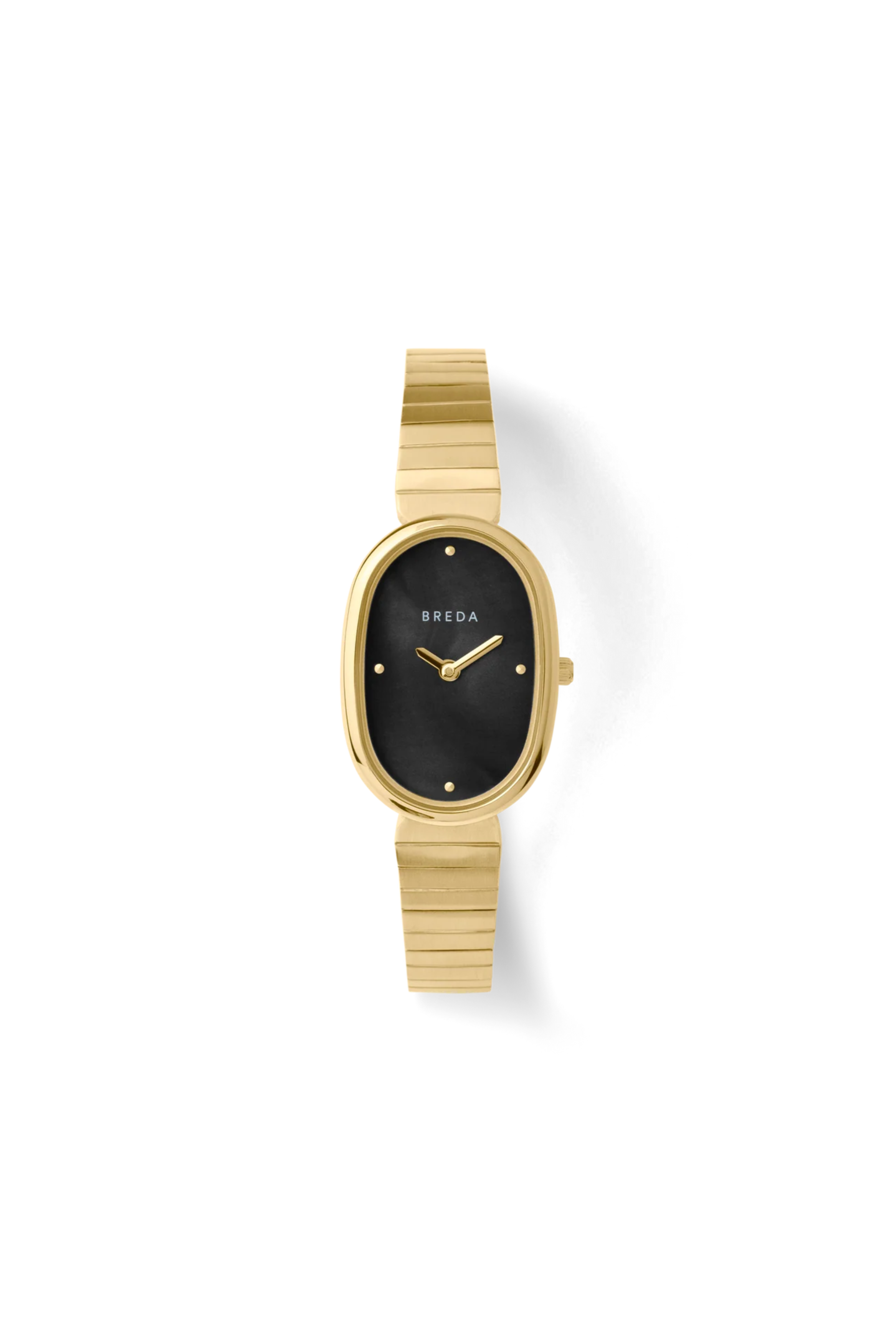 Gold watch with black face on a white background