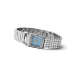 Silver watch with a blue face on a white background
