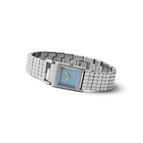 Silver watch with a blue face on a white background