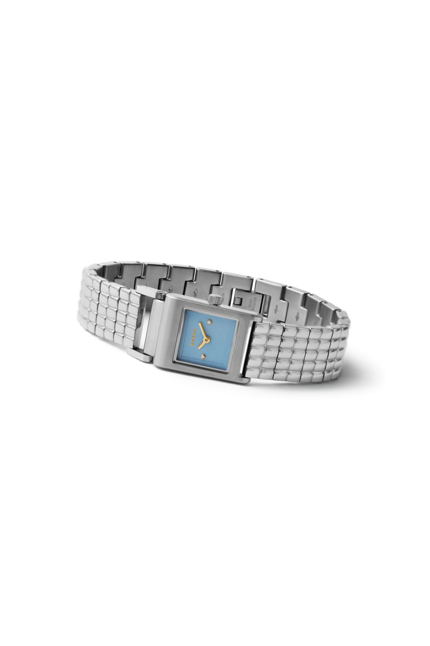 Silver watch with a blue face on a white background