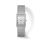 Silver watch with mesh band on a white background