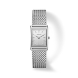Silver watch with mesh band on a white background