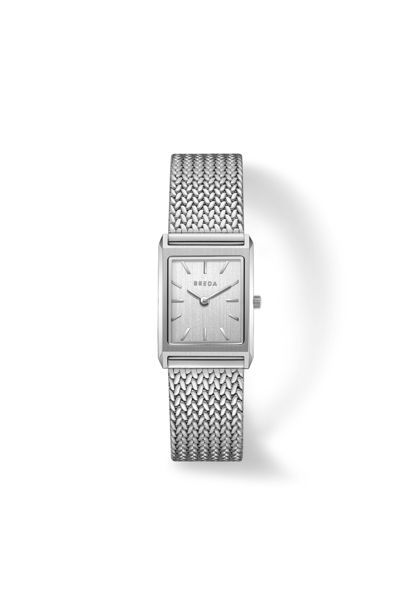 Silver watch with mesh band on a white background