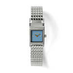 Silver watch with a blue face on a white background