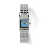 Silver watch with a blue face on a white background