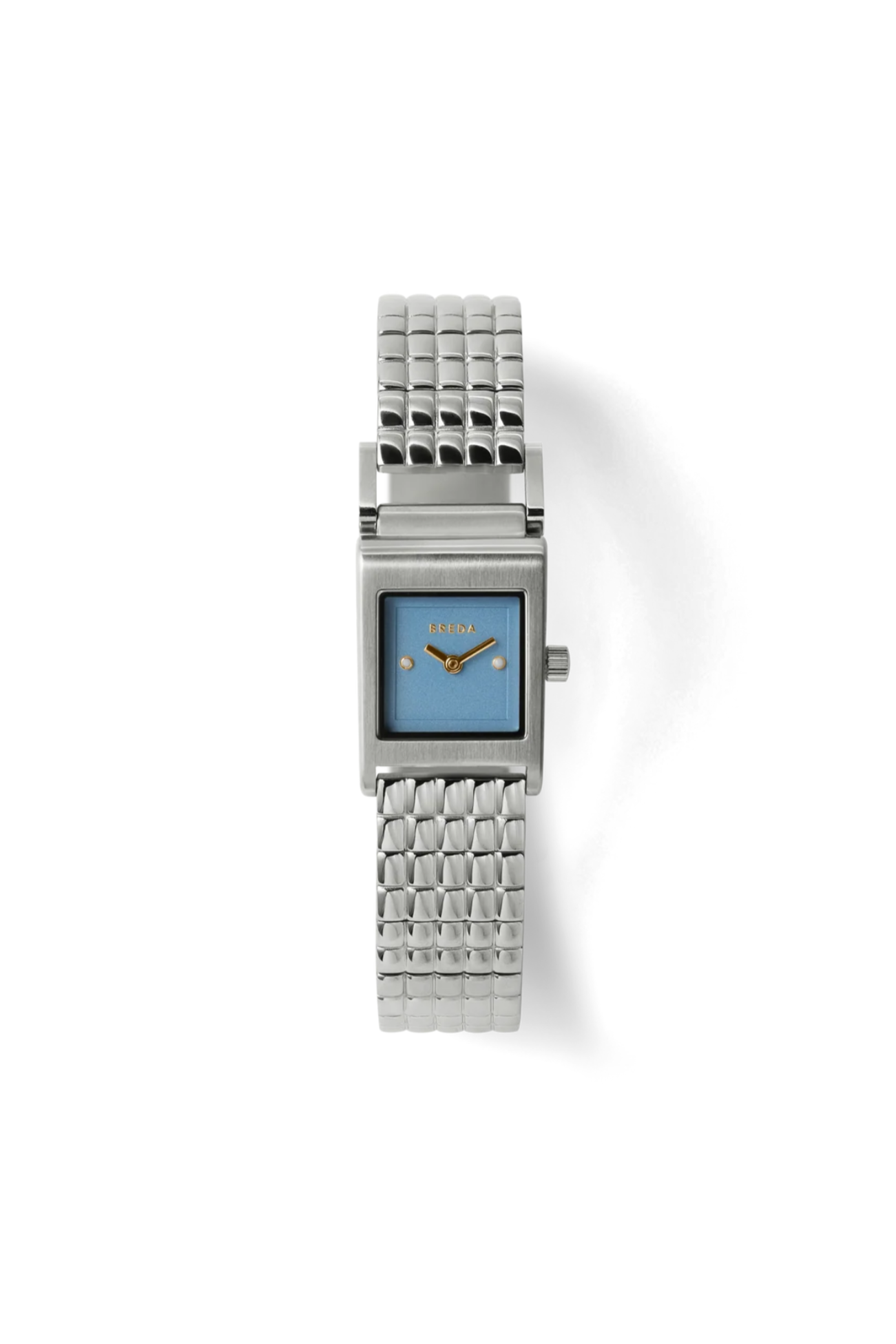 Silver watch with a blue face on a white background