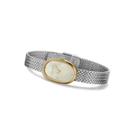Silver mesh bracelet with a gold watch face on a white background