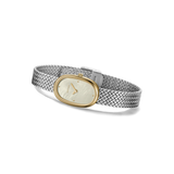Silver mesh bracelet with a gold watch face on a white background