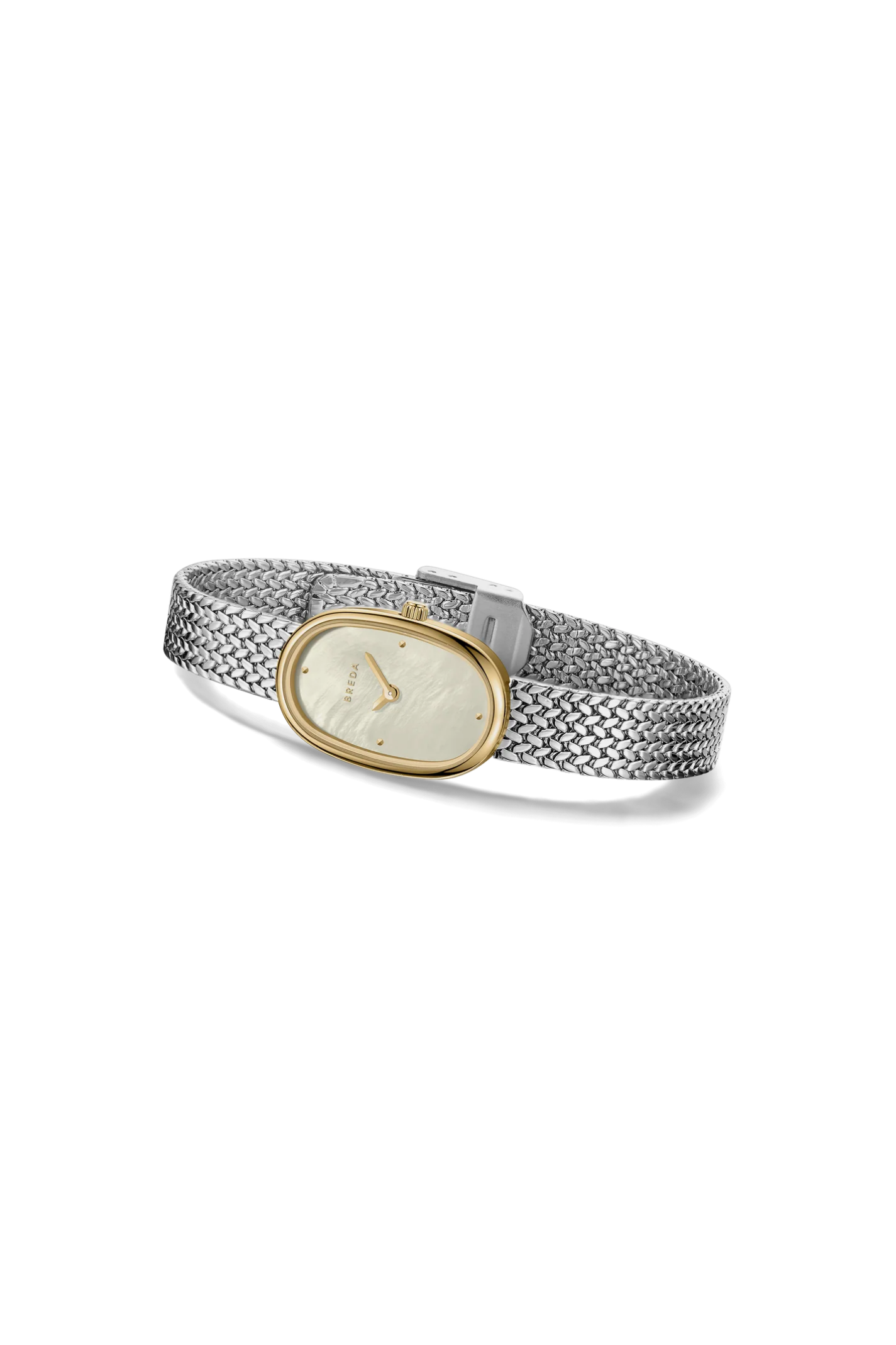 Silver mesh bracelet with a gold watch face on a white background