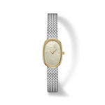 Watch with gold case and silver mesh band on a white background