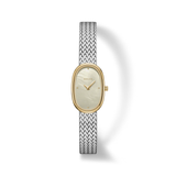 Watch with gold case and silver mesh band on a white background