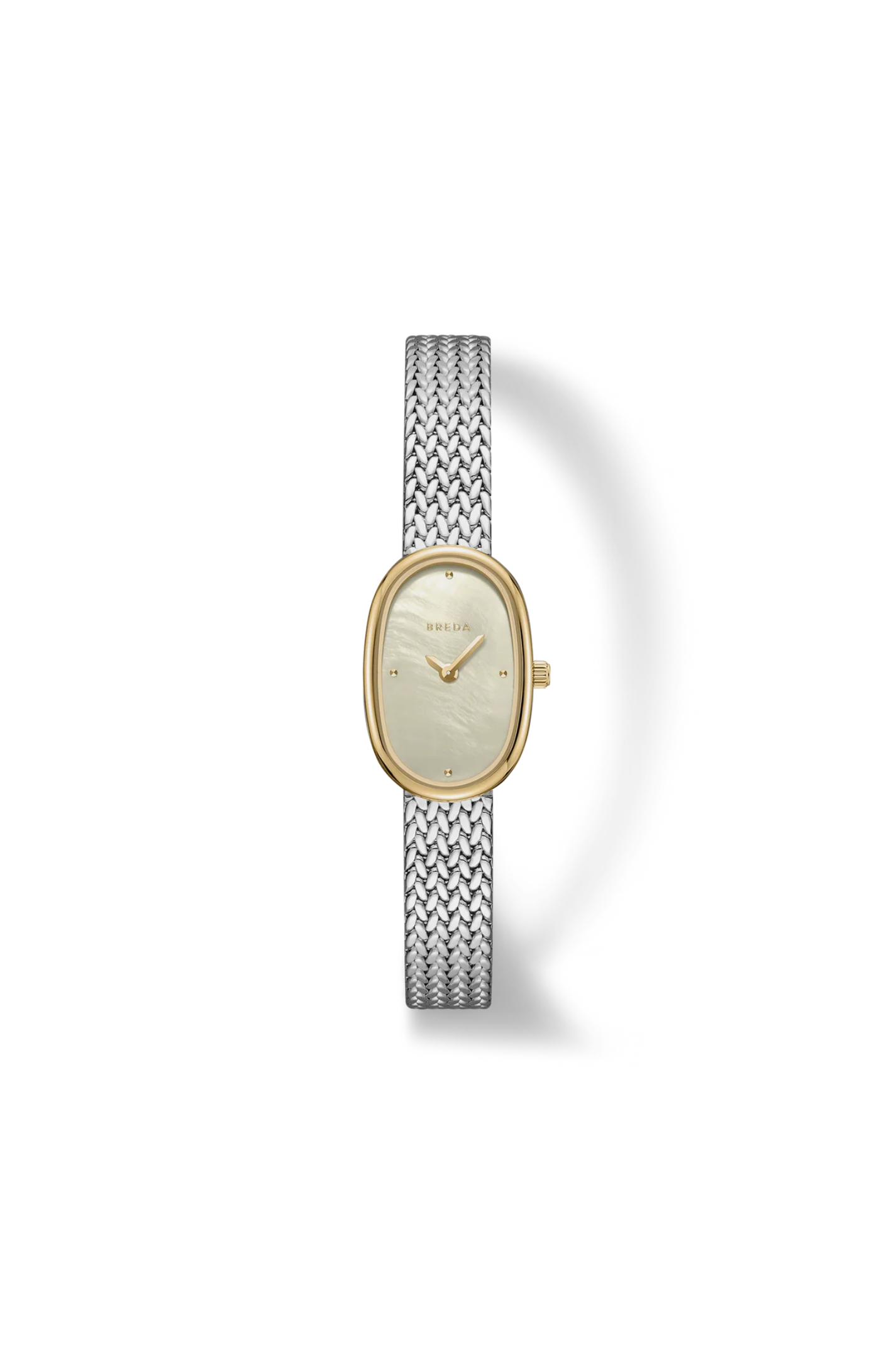 Watch with gold case and silver mesh band on a white background