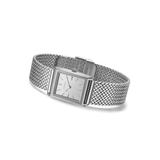 Silver watch with mesh band on a white background
