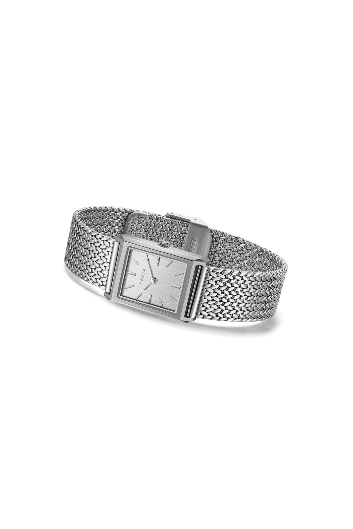 Silver watch with mesh band on a white background