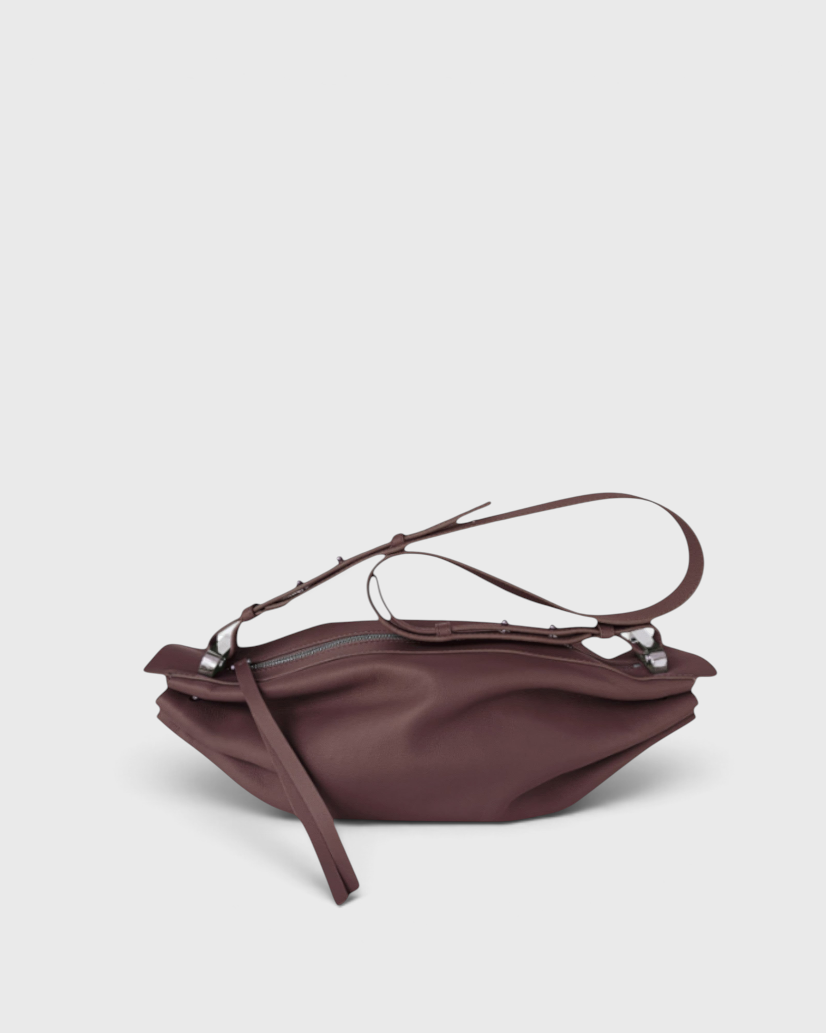 JONES + CO Bon-Bon M wine leather crossbody bag with pleated ends and silver metal clasp detail