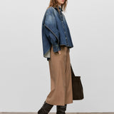 CLOSED Wren Pant - Wheat Beige, styled look with a denim jacket, showing the wide cropped leg.